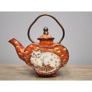 Empress Arts Miniature Teapot White Cat Enameled Brass